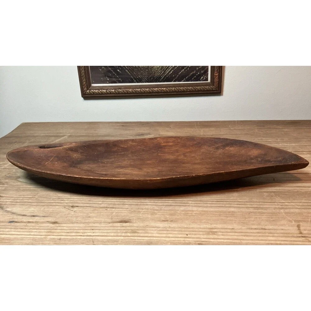 VTG Rustic Wooden Leaf Shape Tray Bowl Trinket Dish 15” Hand Carved Primitive